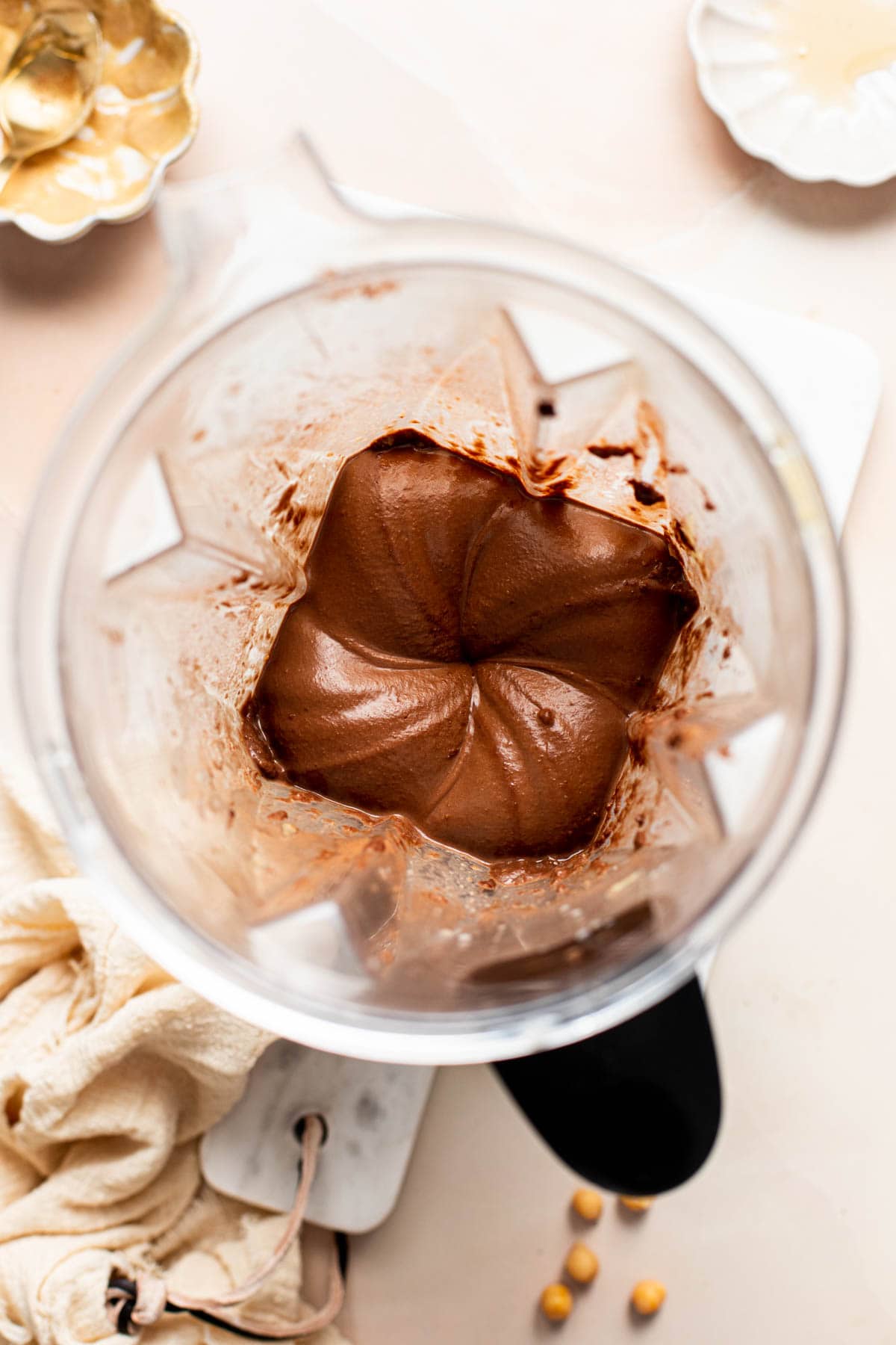 Dark chocolate hummus in a blender.