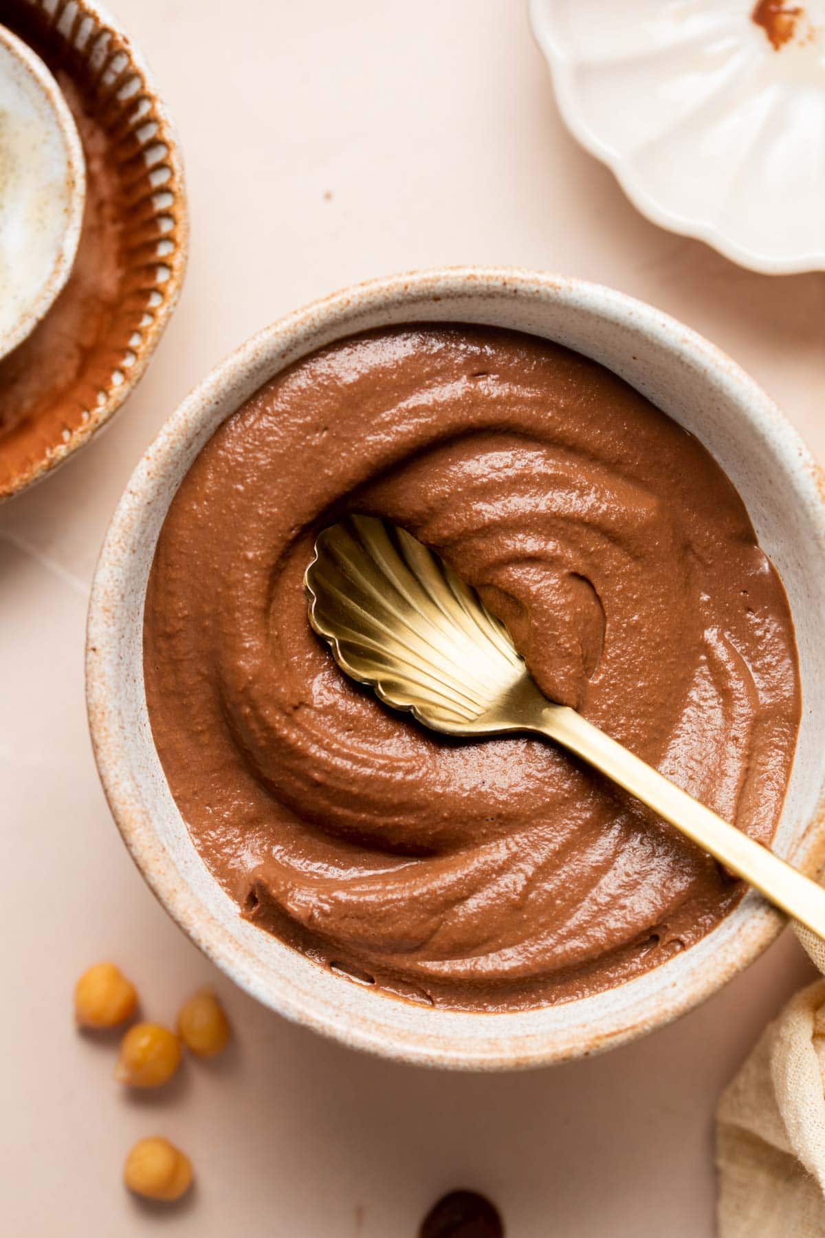 A bowl filled with dark chocolate hummus.