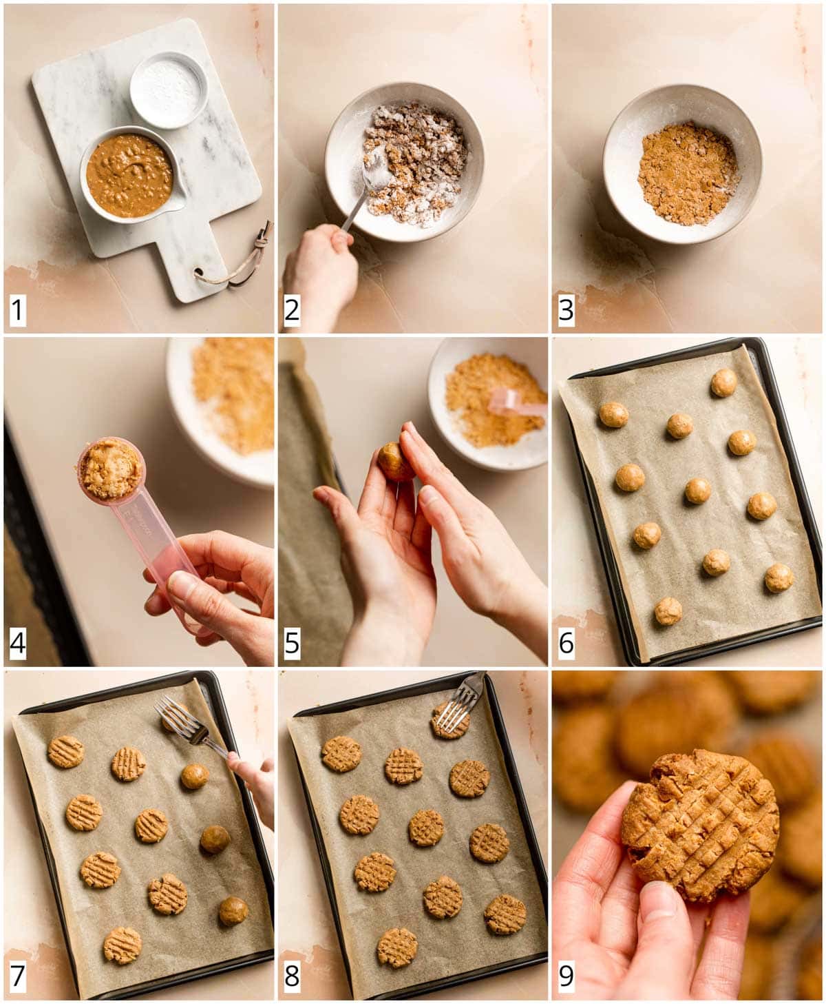 A collage of 9 images showing the process of making cookies.