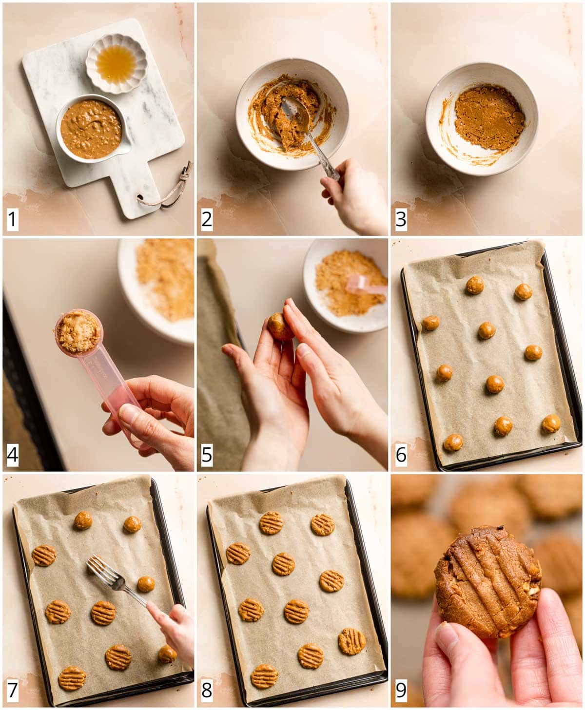 A collage of 9 images showing the process of making peanut butter cookies.