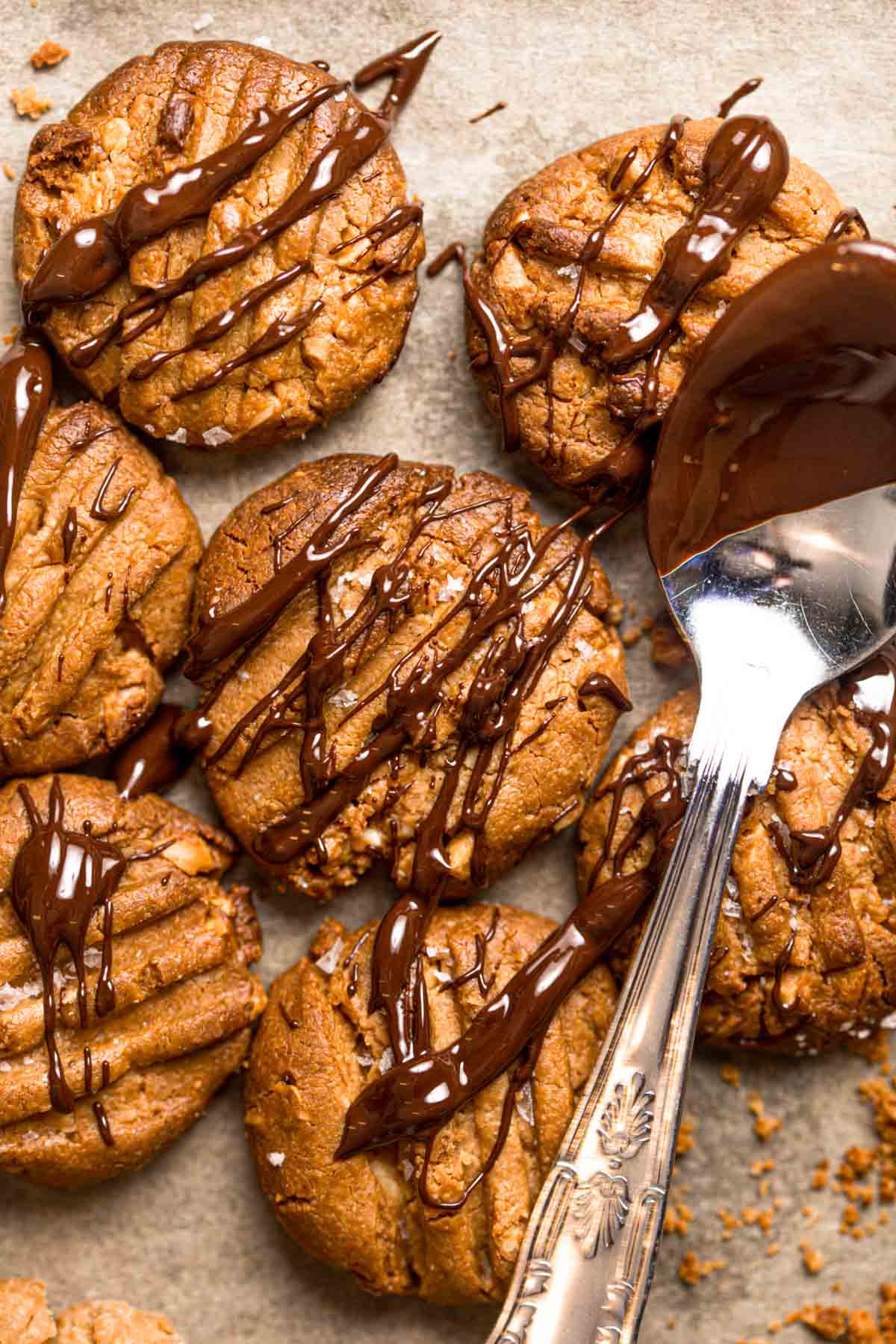 Cookies with melted chocolate drizzled on top.