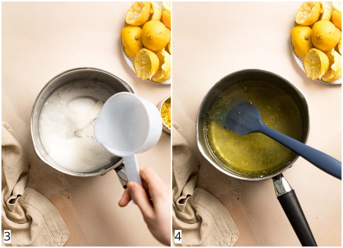 A collage of two images showing lemon sugar syrup being made.