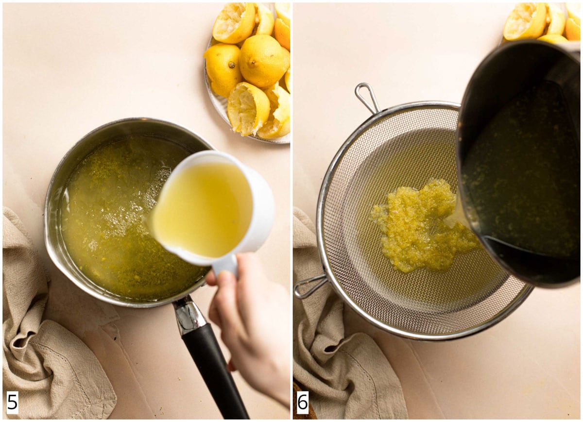 A collage of two images showing lemonade concentrate being made in a pan.
