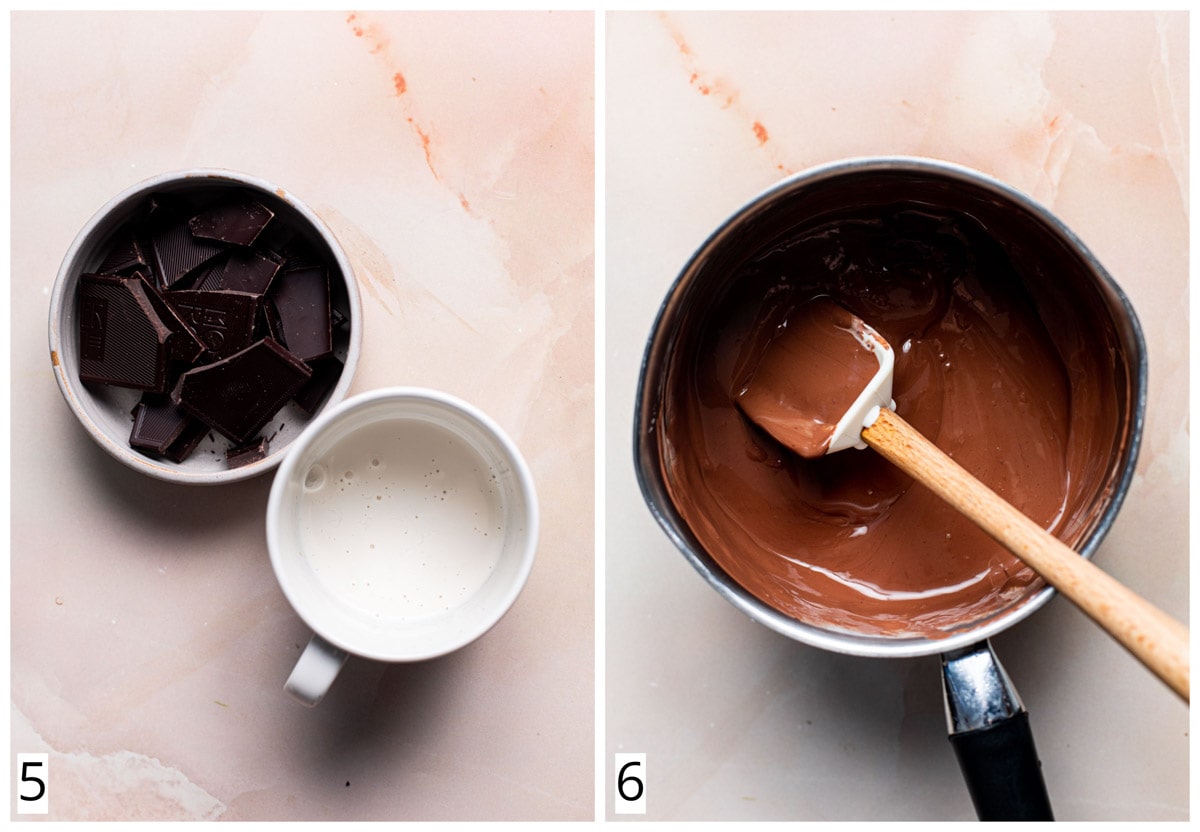 A collage of two images showing dark chocolate and cream being melted in a pan