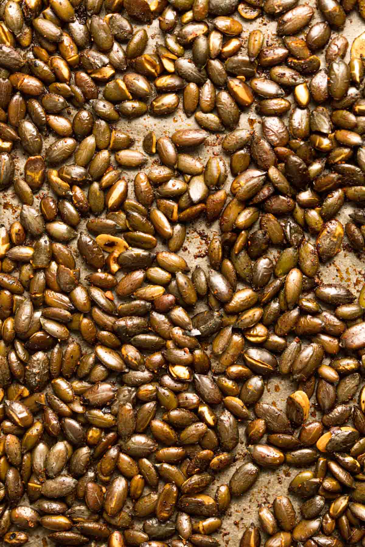 Overhead view of roasted pepitas with smoky spices