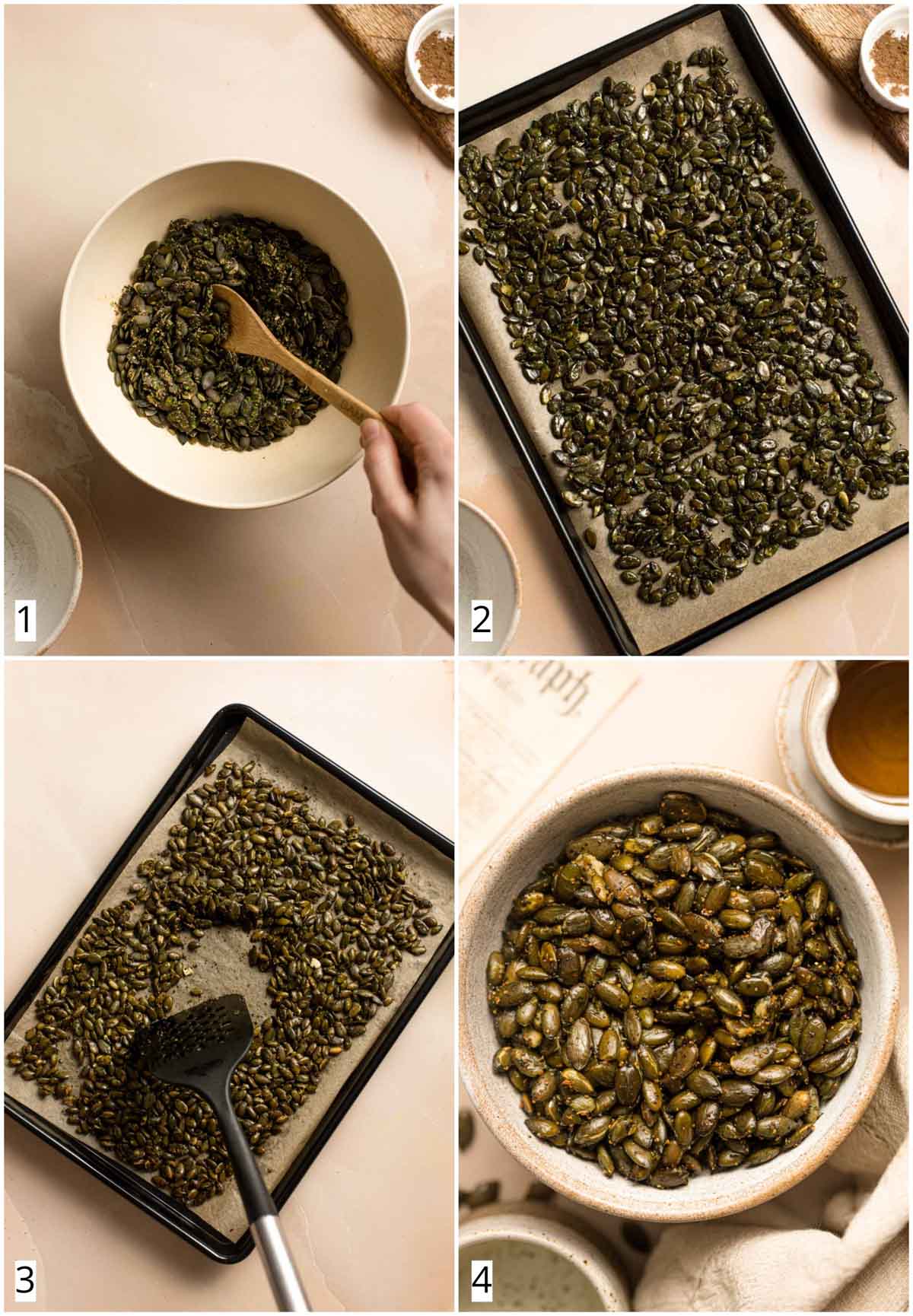 A collage of four images showing steps in roasting pepitas in the oven