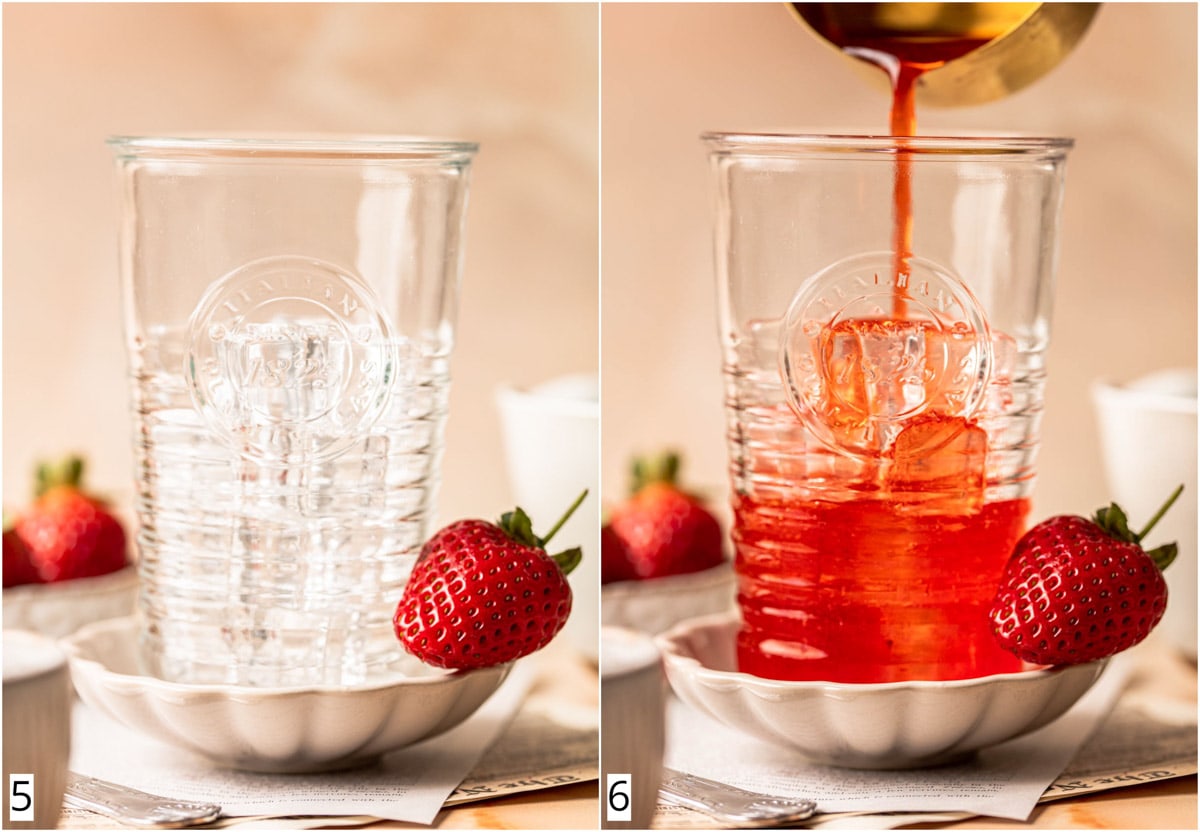 A collage of two images showing a glass filled with ice and strawberry syrup.