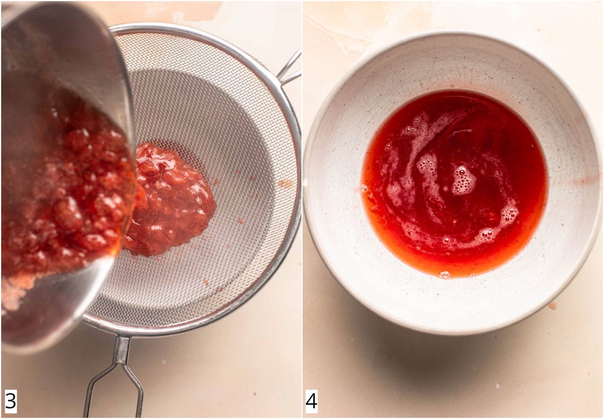 A collage of two images showing strawberry syrup being poured through a sieve.