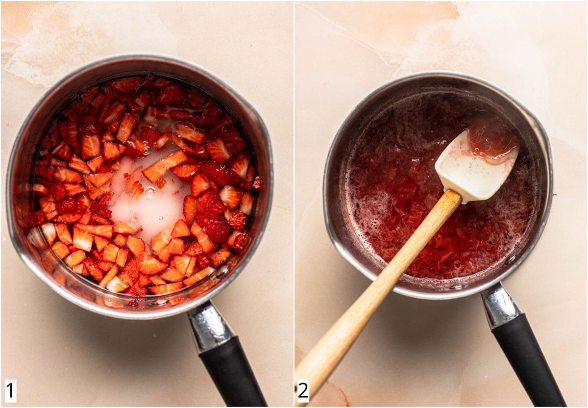 A collage of two images showing strawberry syrup being made in a pan.
