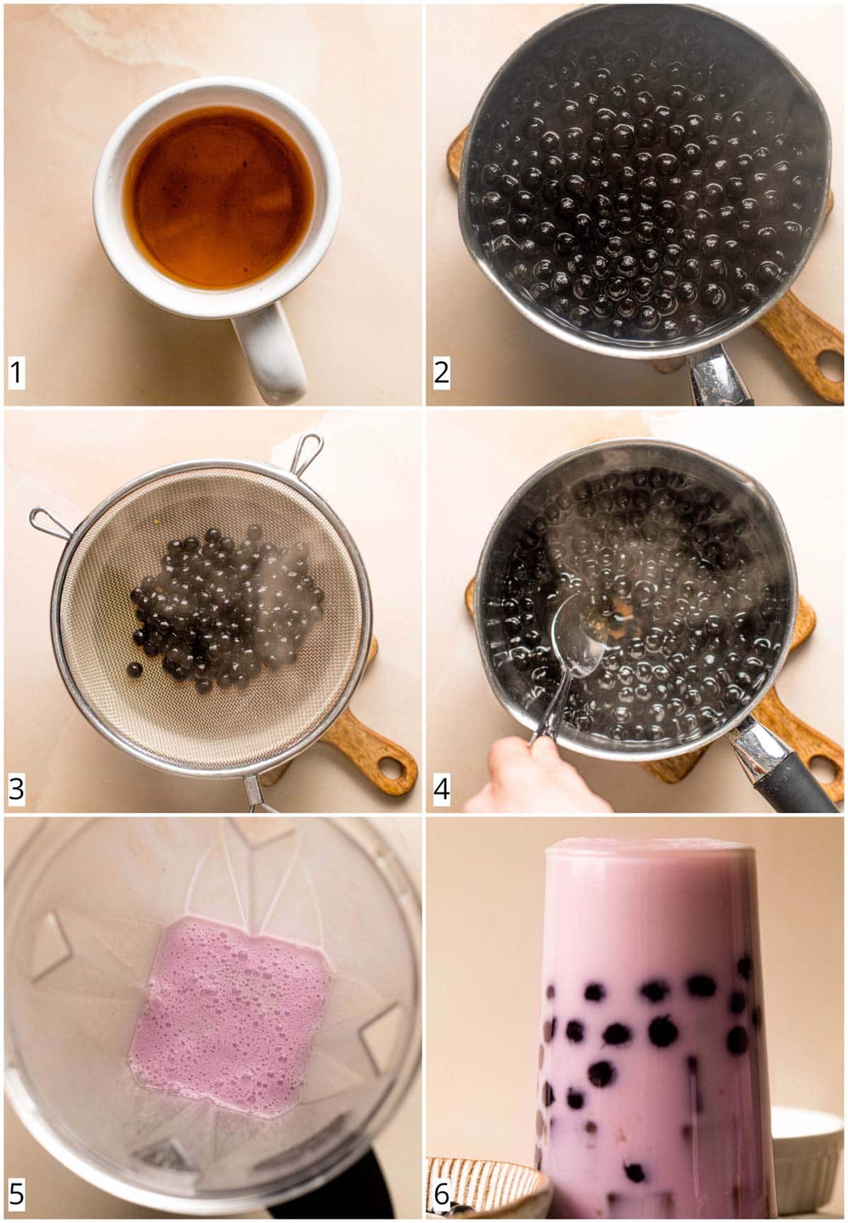 A collage of six photos showing all the steps in making taro milk tea.