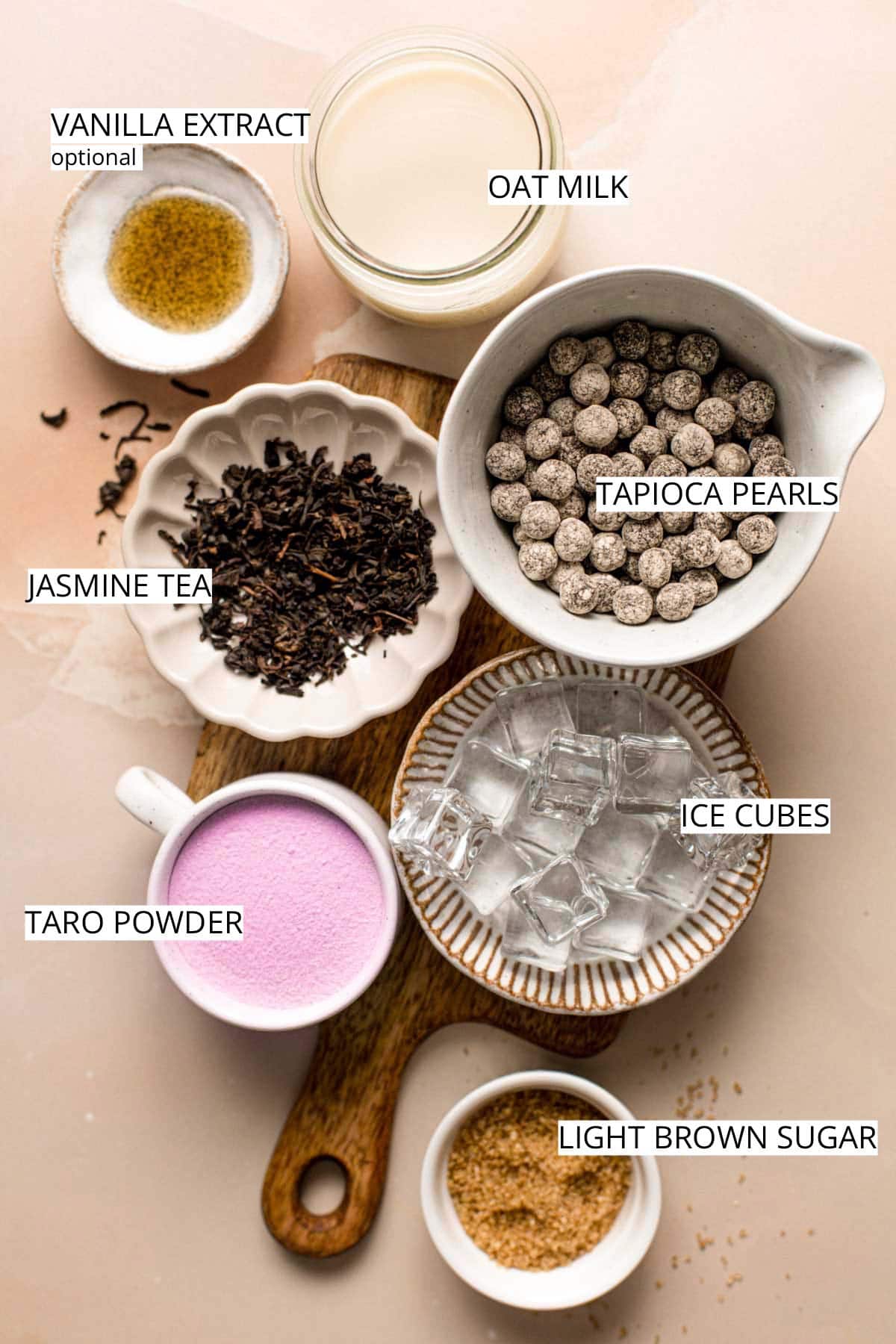 All the ingredients needed to make taro milk tea.