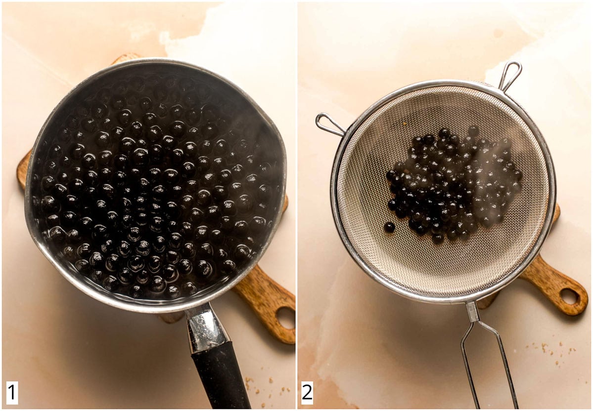 A collage of two images showing the process of making boba pearls.