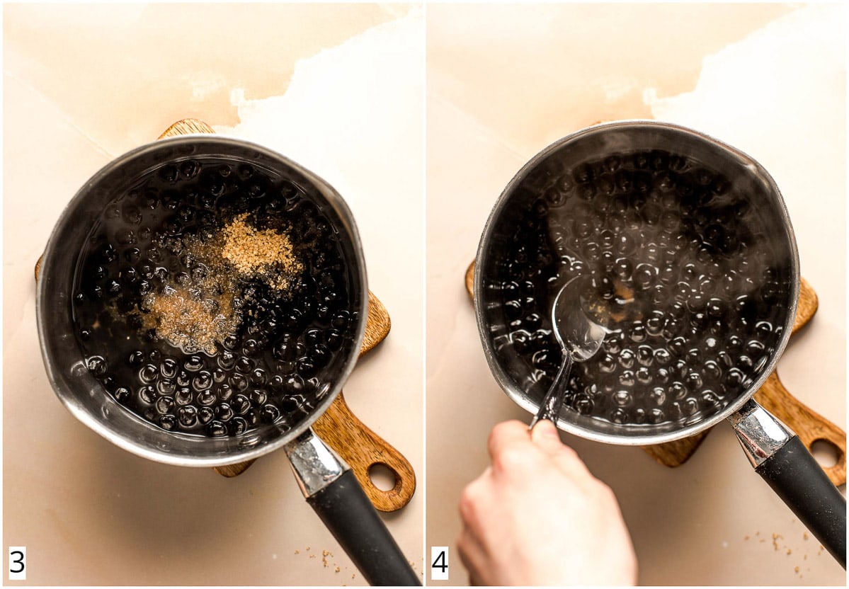 A collage of two images showing the sugar being added to cooked tapioca pearls. 