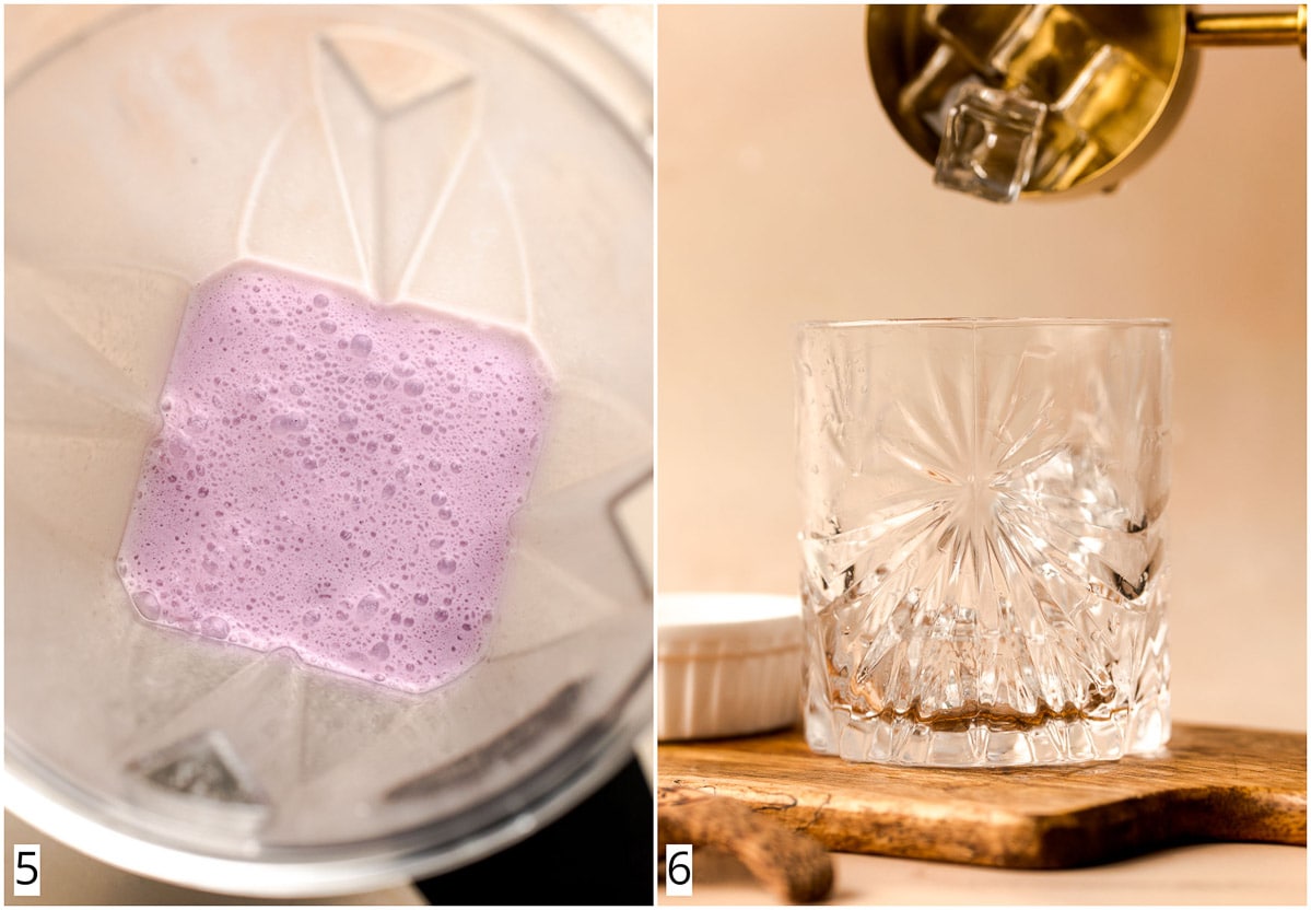 A collage of two images showing taro smoothie in a blender and a glass with ice.
