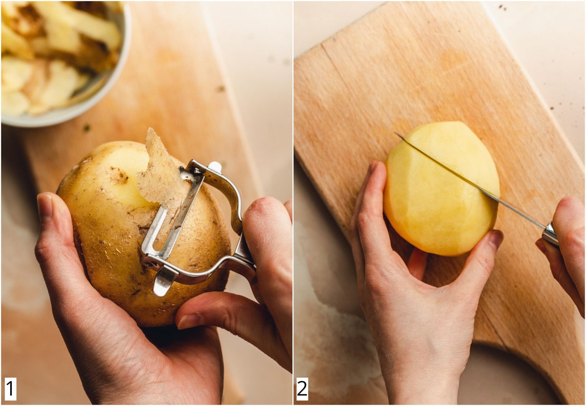 A collage showing a hand peeling and cutting a potato.