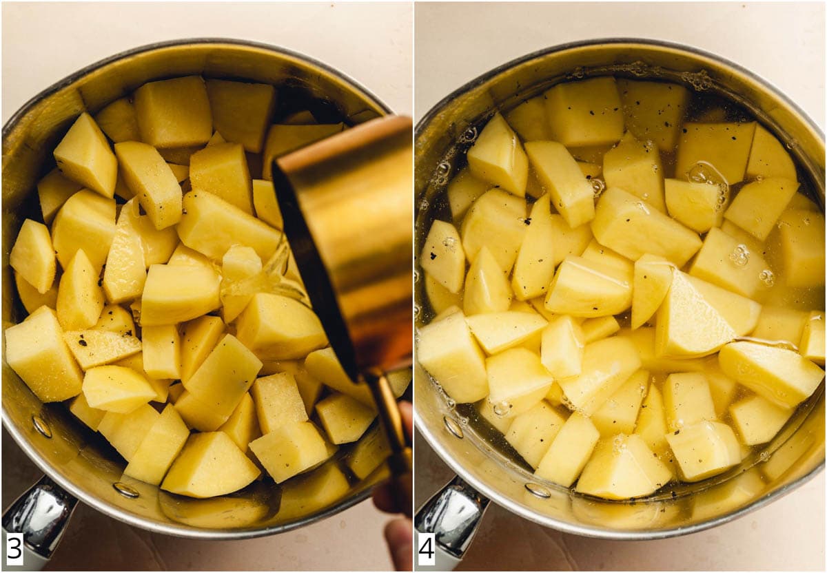 A collage of two images side by side showing chopped potatoes in a saucepan.