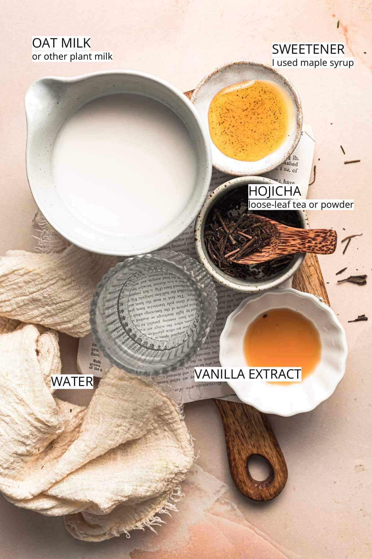 All ingredients needed to make hojicha latte. 