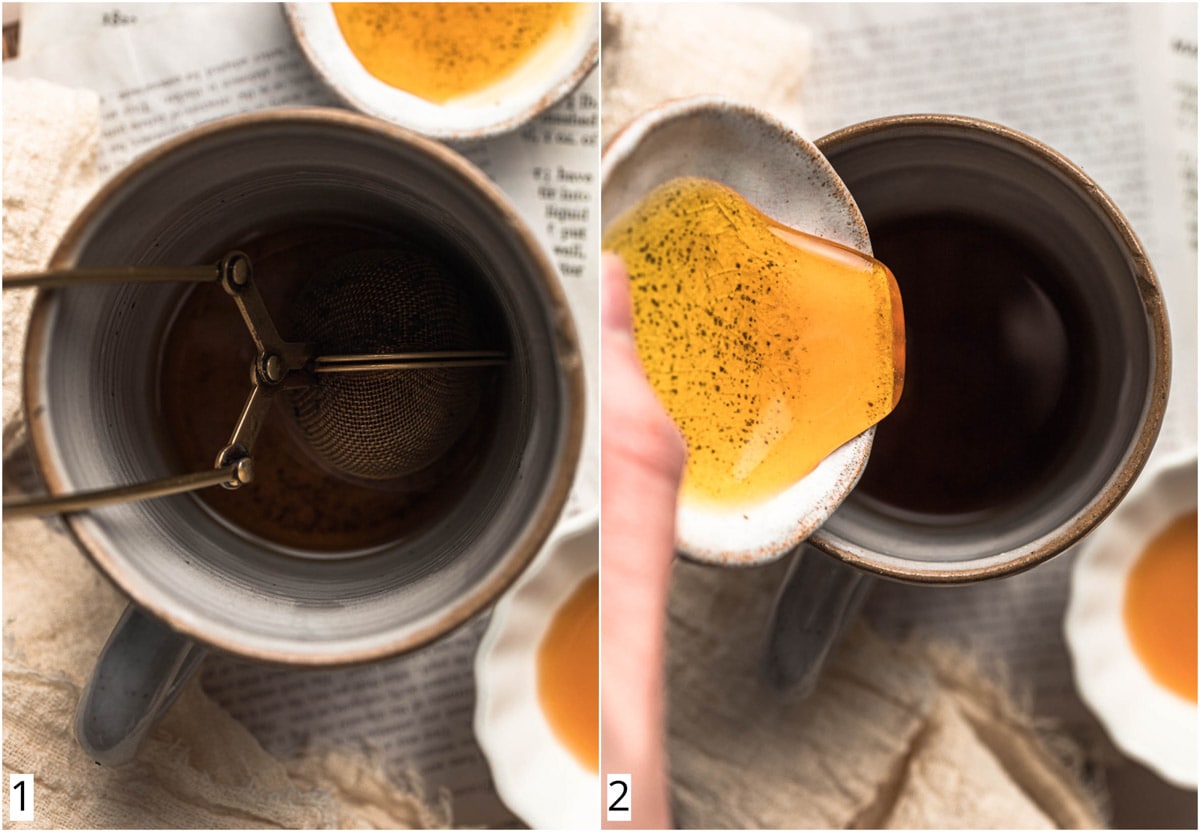 A collage of two images showing how to make hoijcha tea.