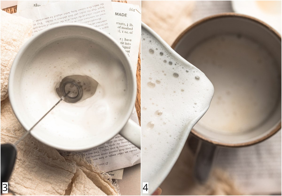 A collage of two images showing frothed milk.