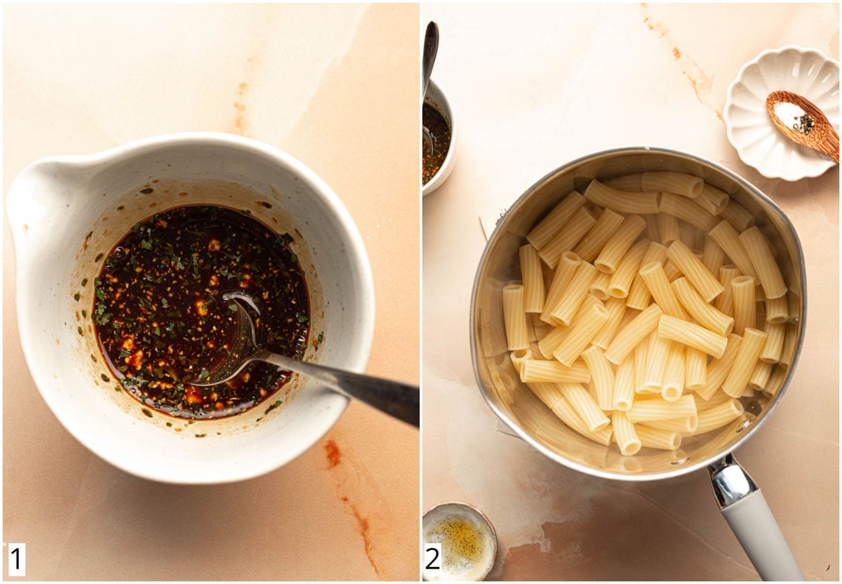 A collage of two images showing vinaigrette and pasta. 
