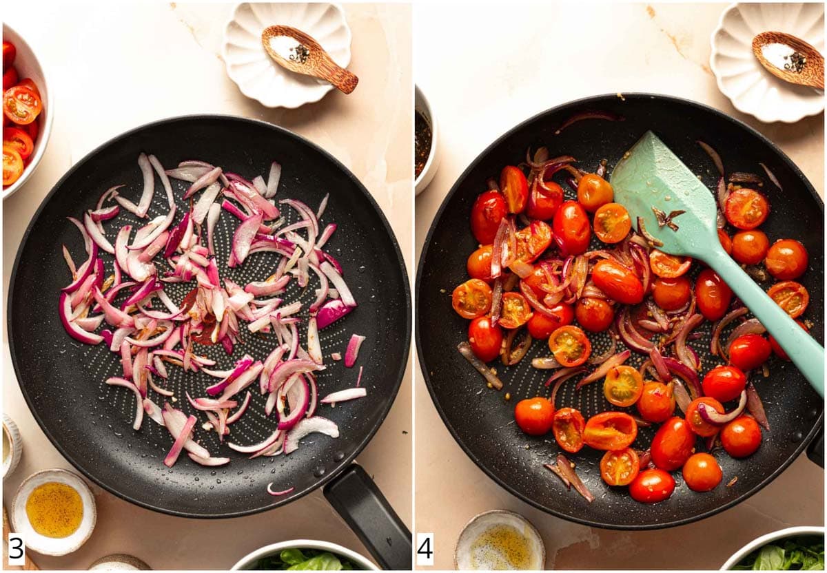 A collage of two images showing a frying pan with veggies.