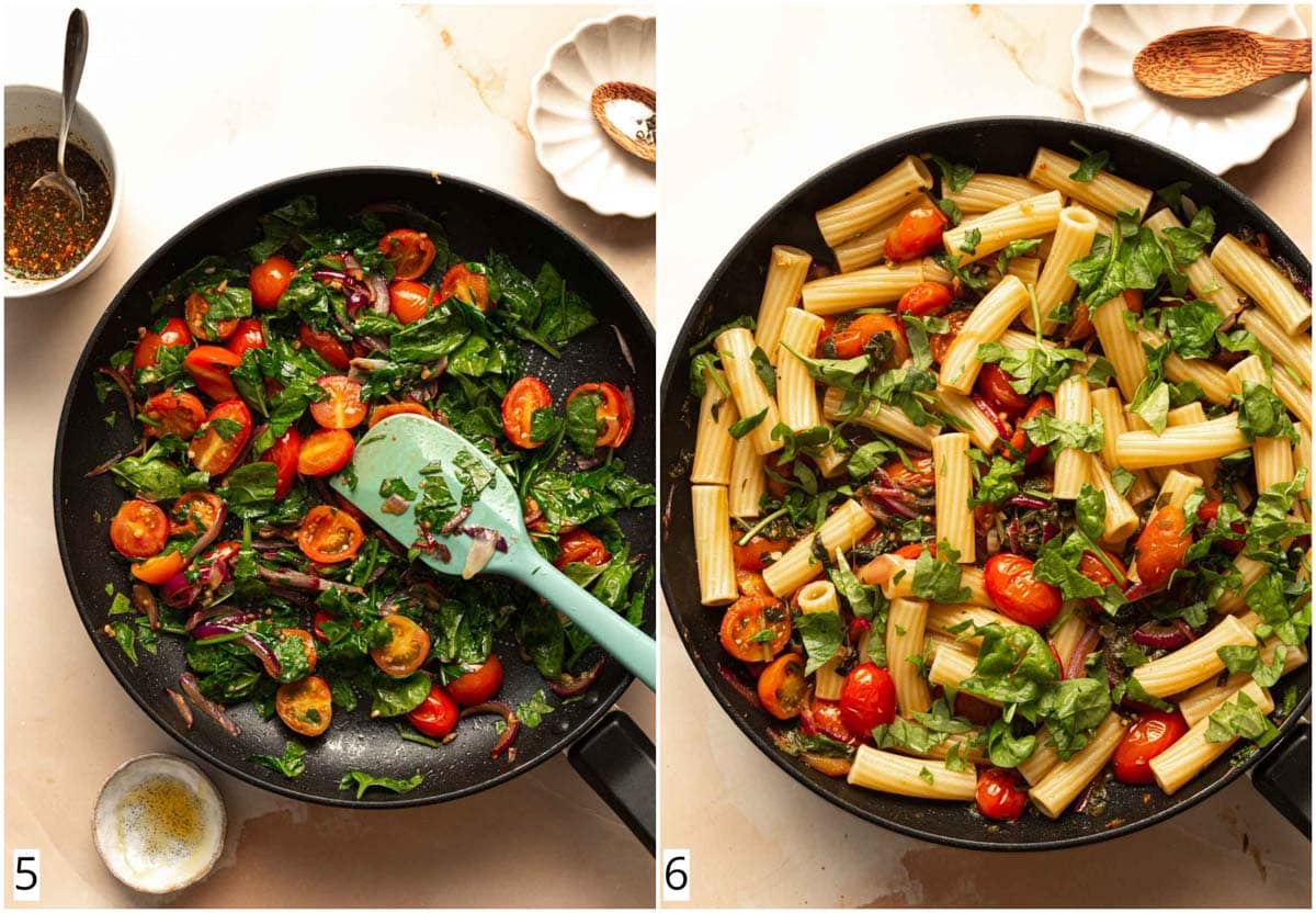A collage of two images showing pasta being made.