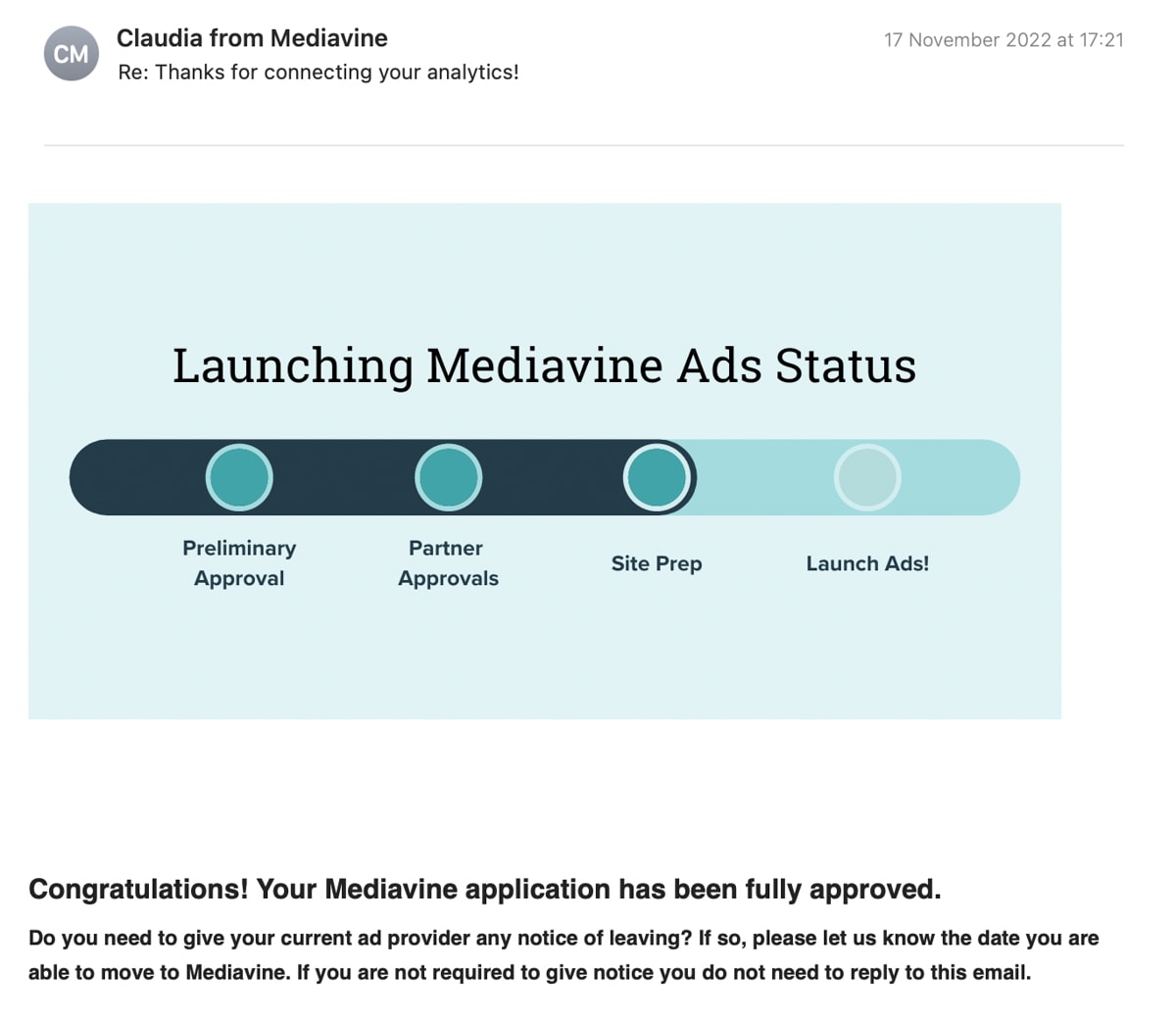 A screenshot from an email about my successful Mediavine application.