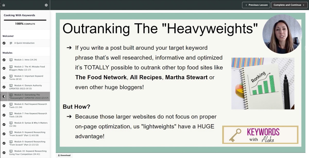 A screenshot from the Cooking with Keywords course.