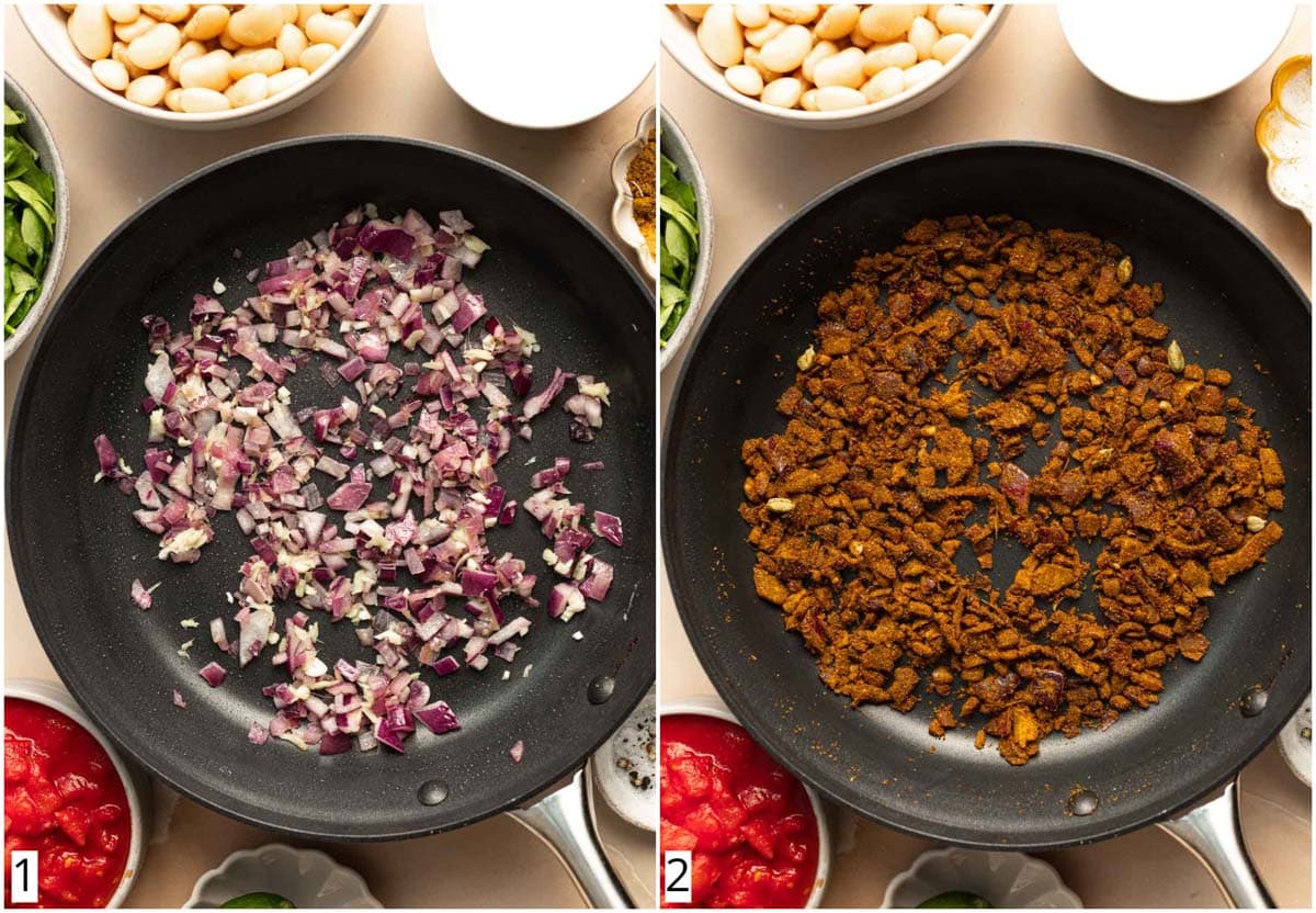 A collage of two images showing the first two steps in making a curry.