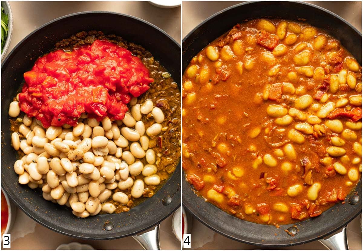 A collage of two images showing bean curry being made.