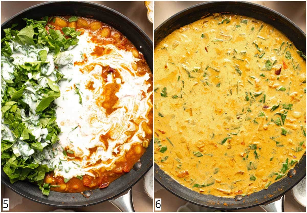 A collage of two images showing spinach and cream being added to a curry.