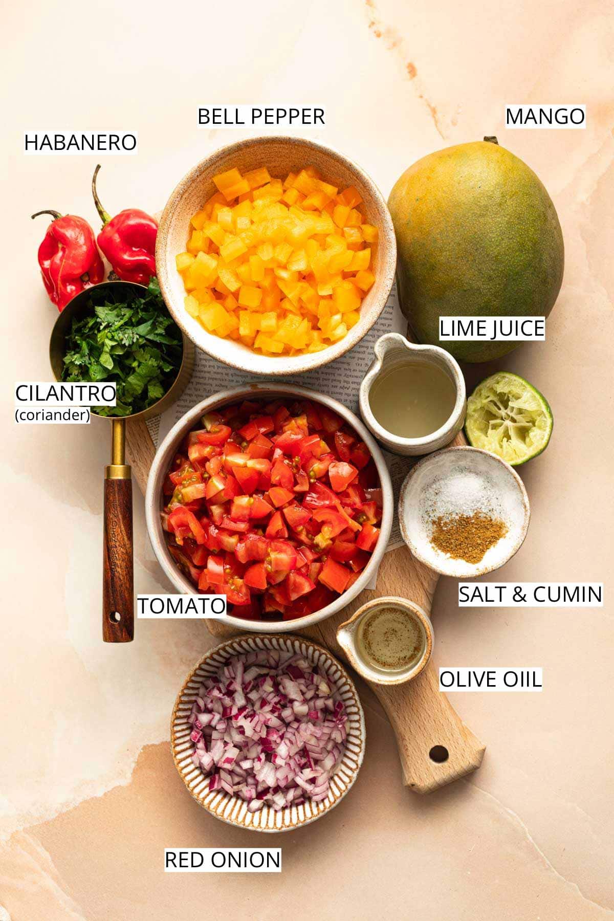 All ingredients needed to make spicy mango salsa. 