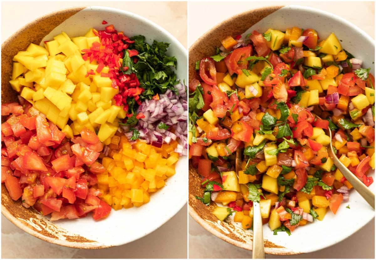 A collage of two images showing non-mixed and mixed mango salsa.