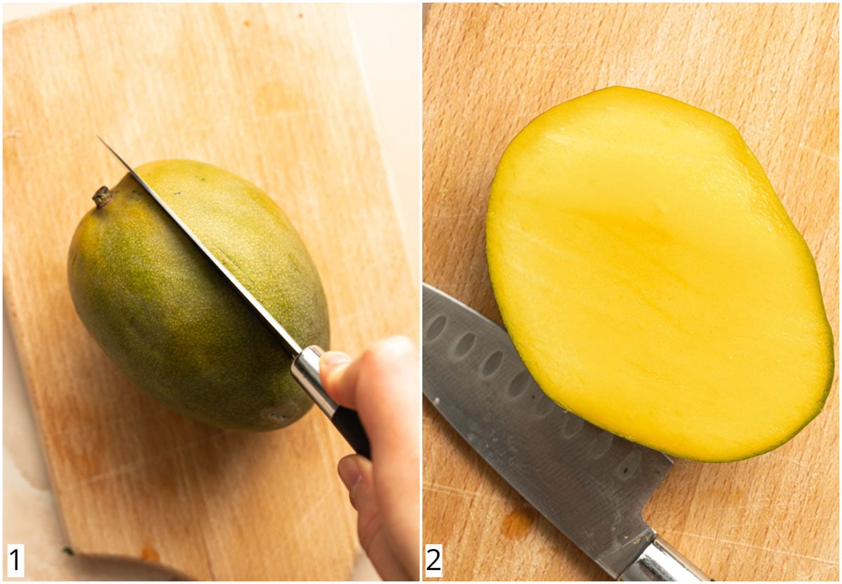 A collage of two images showing how to slice a mango.