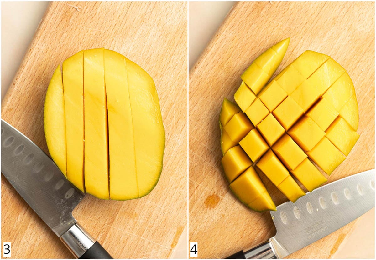 A collage of two images showing how to slice a mango.