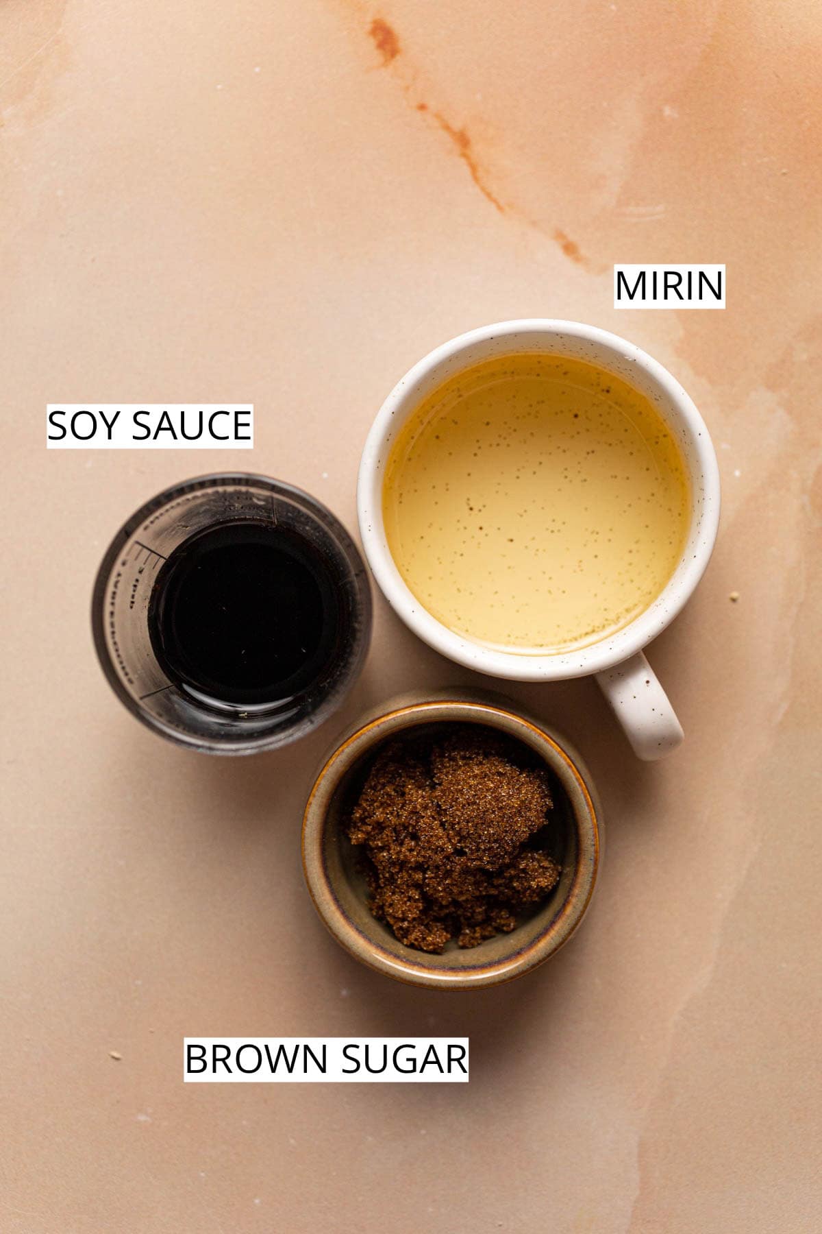 Soy sauce, mirin, and brown sugar.