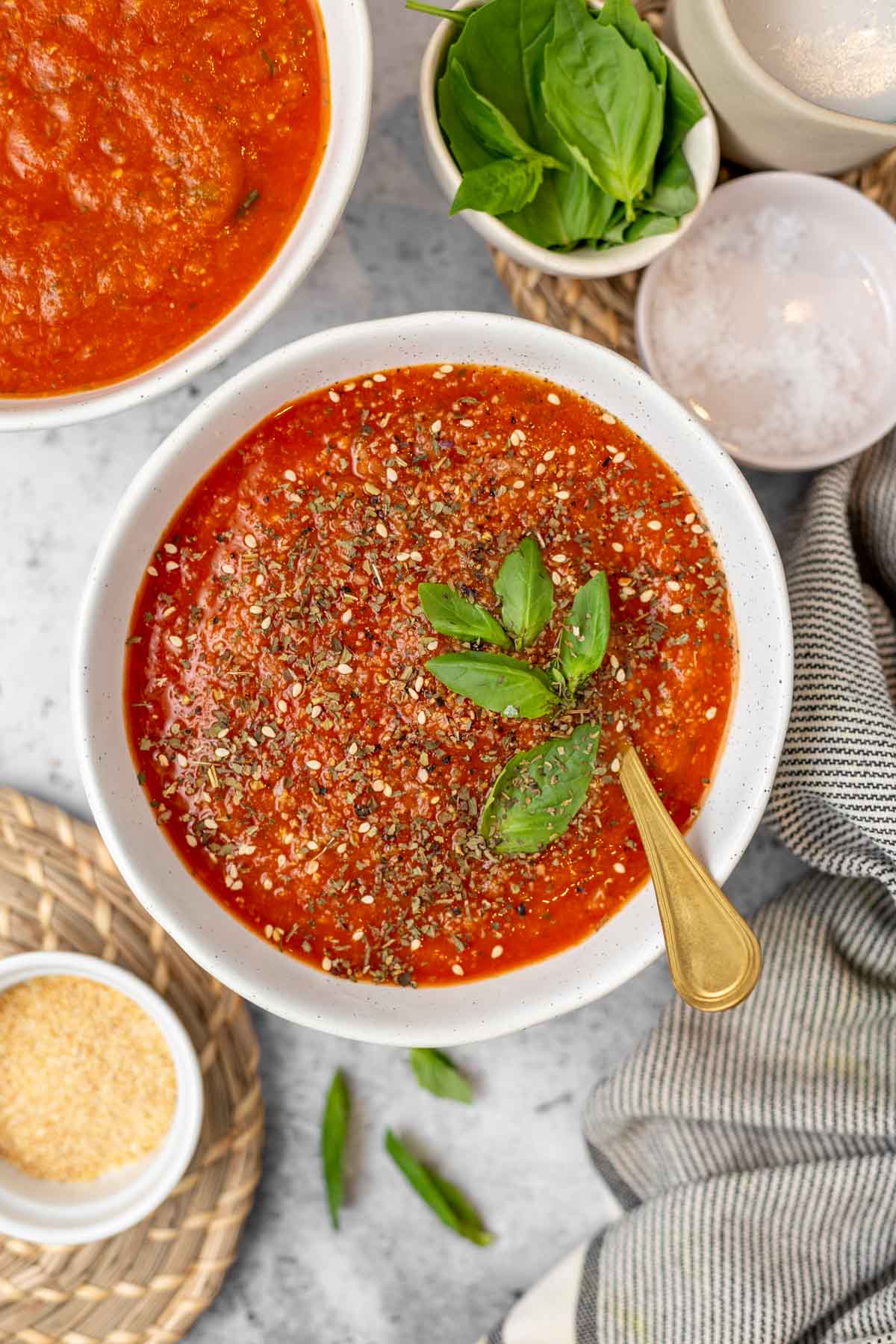 A bowl of tomato basil soup.