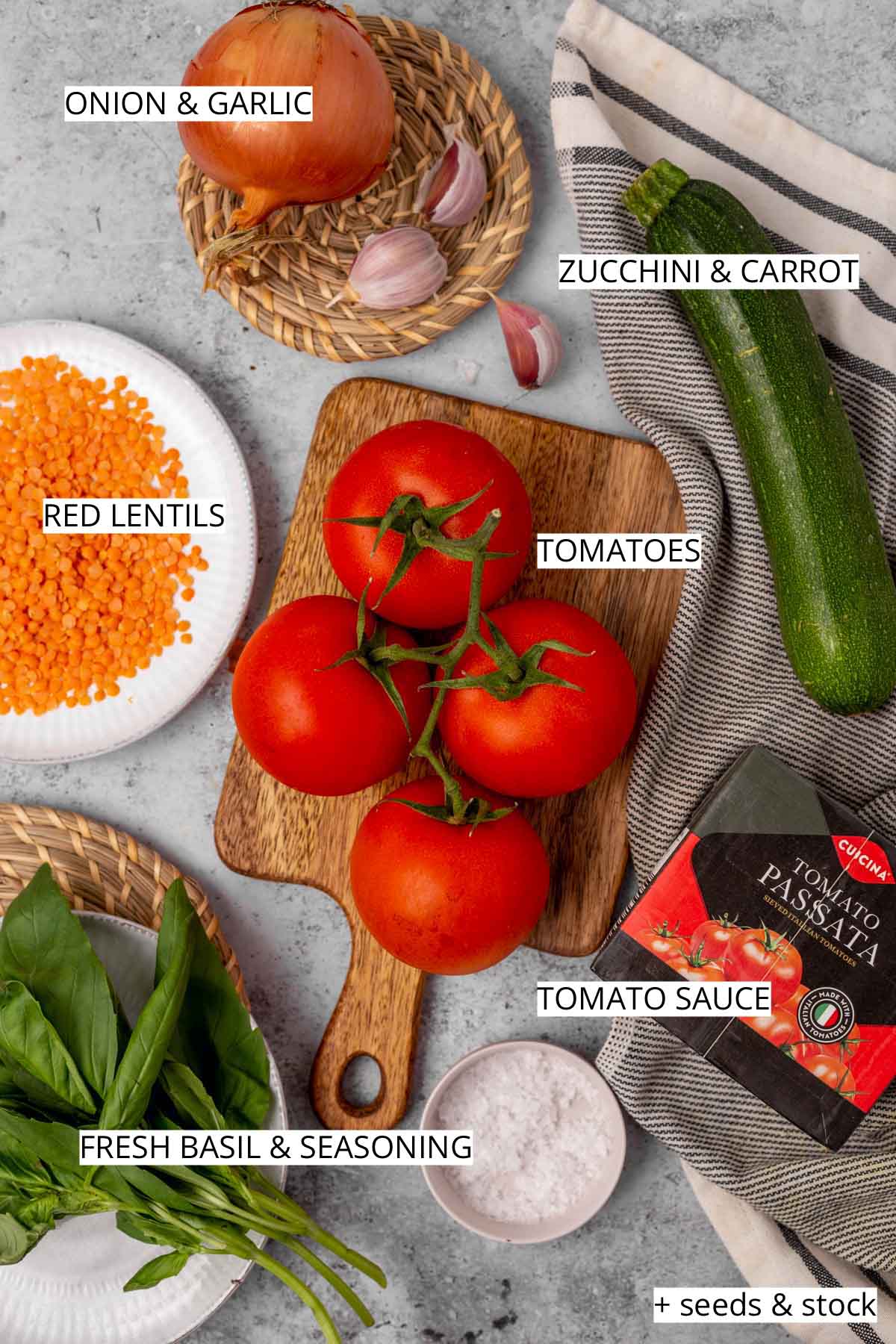 All ingredients needed to make protein tomato soup laid out.