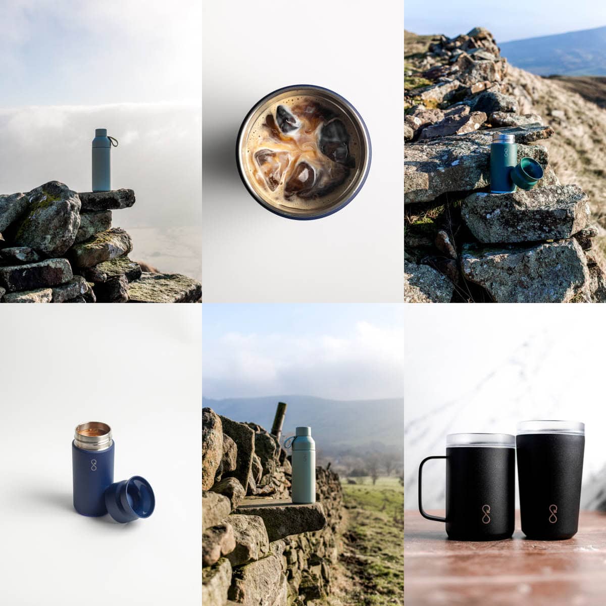 A collage of six images featuring Ocean Bottle set in different scenes