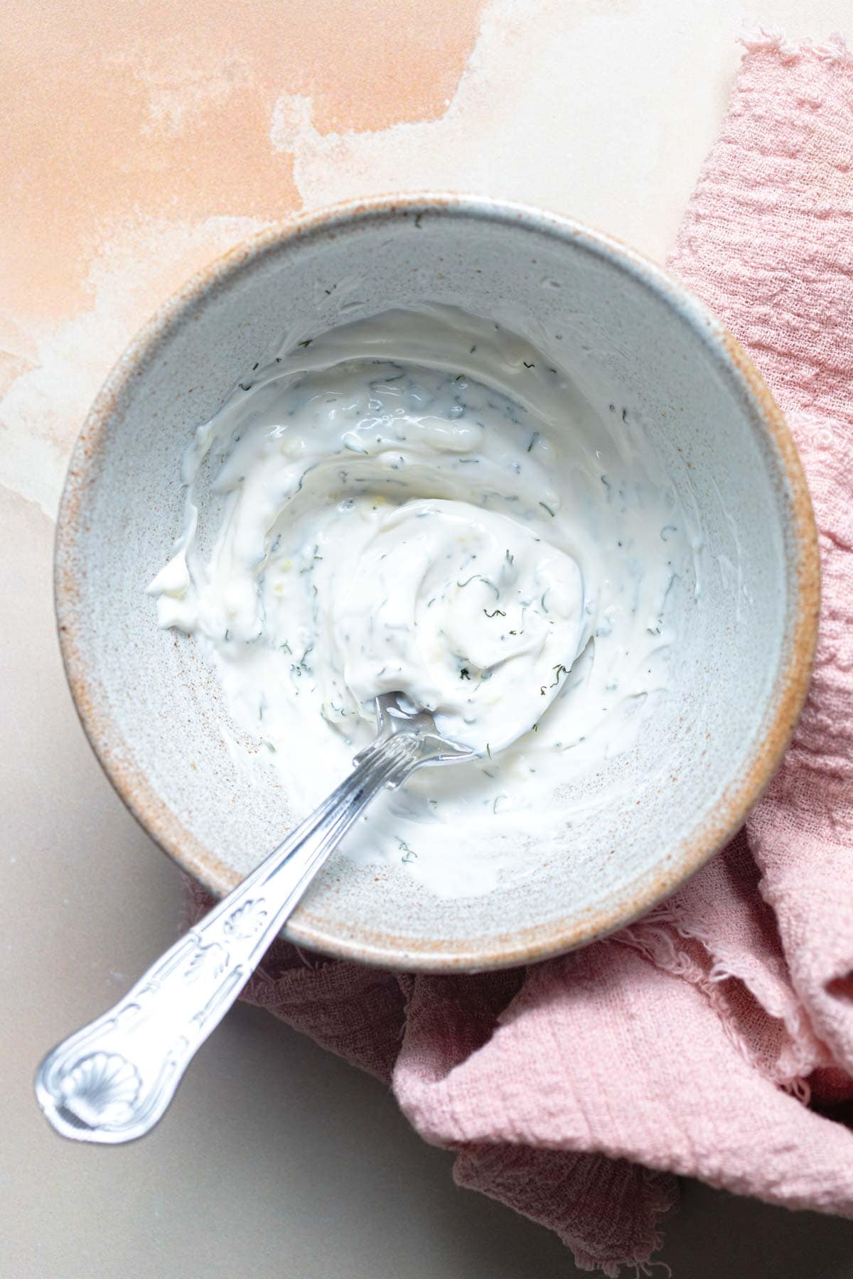 Garlic dill mayo in a bowl