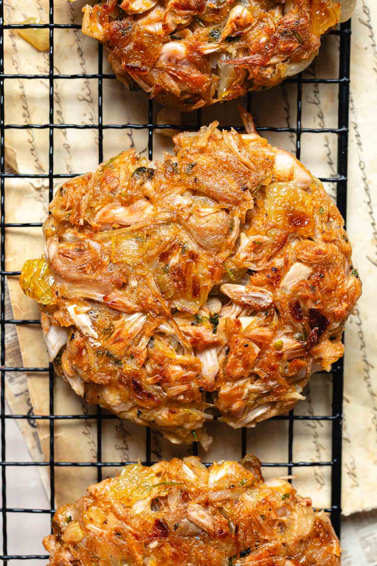 Jackfruit burgers on a wire rack