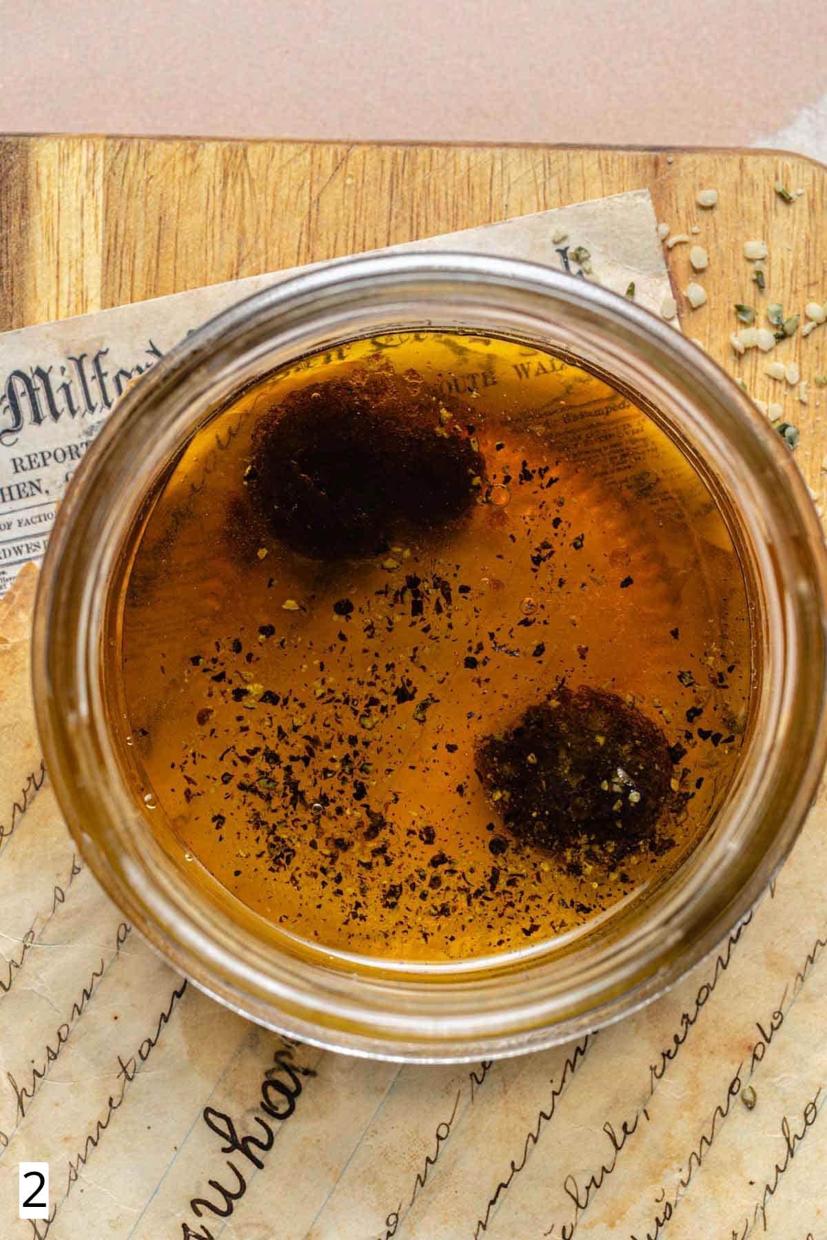Salad dressing ingredients in a jar