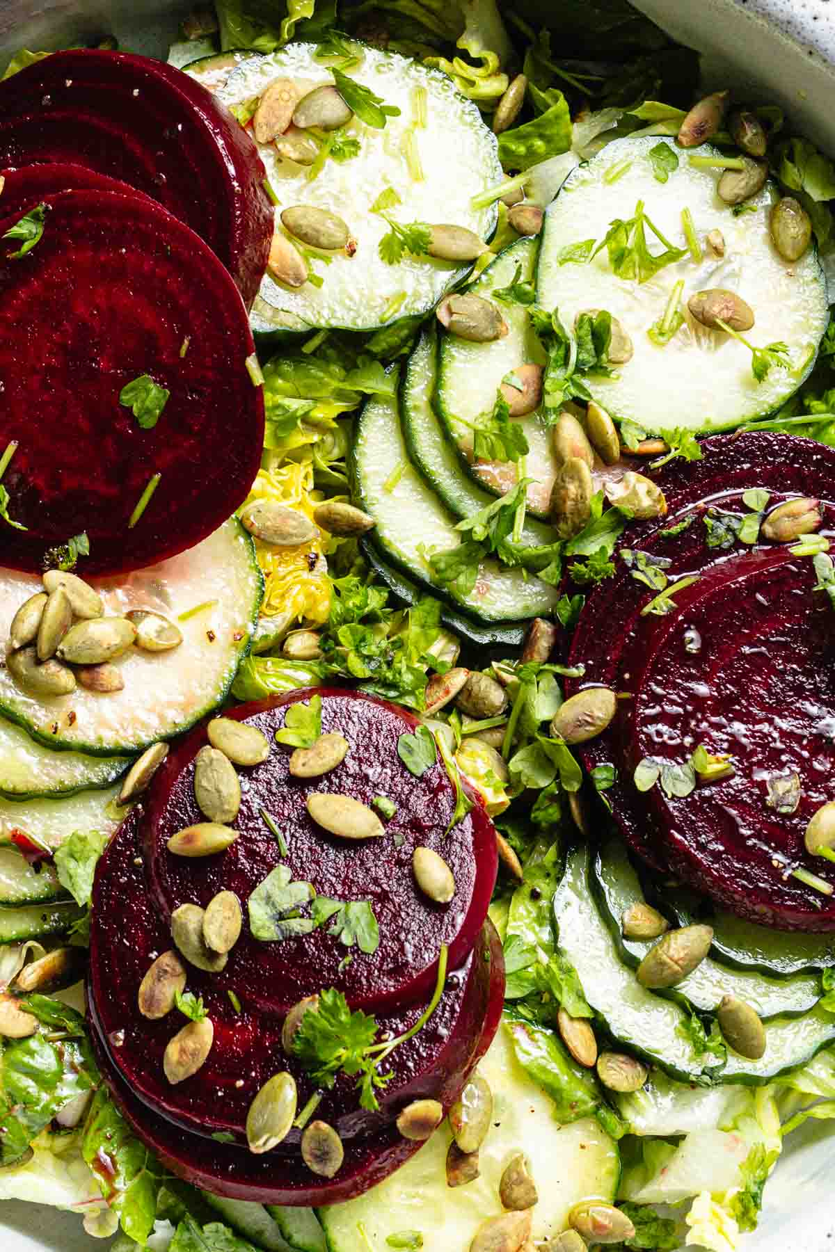 Close-up view of a cucumber beet salad.