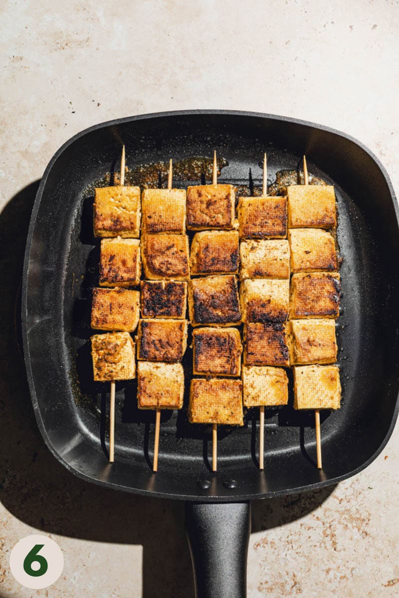 Vegan souvlaki grilled in a pan