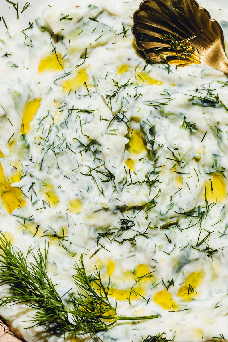 A close-up of vegan tzatziki