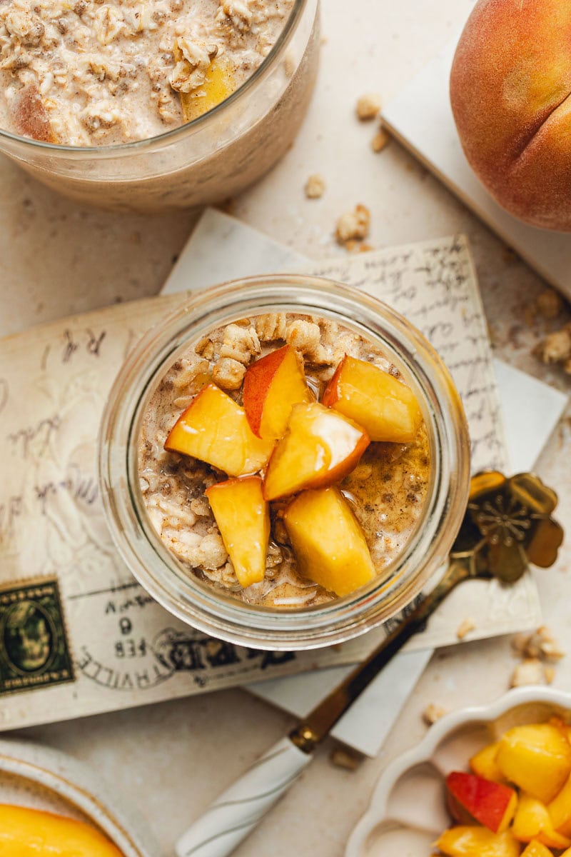 An overhead view of peach overnight oats