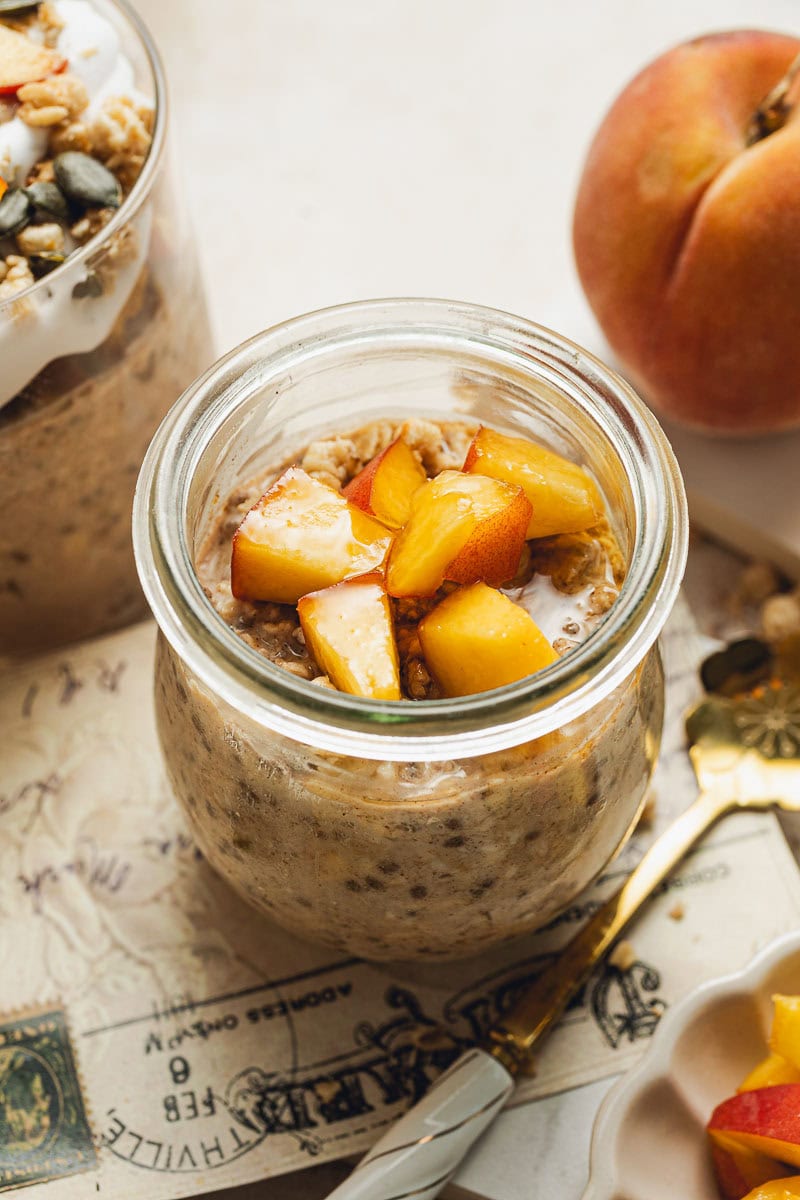 A jar of overnight oats from the side