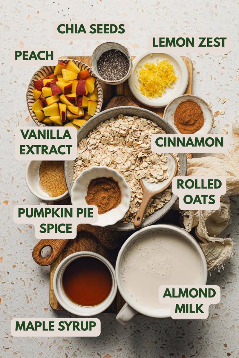 All ingredients needed for peach cobbler overnight oats
