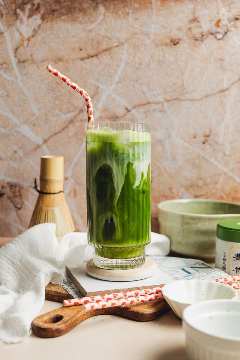 Matcha with milk in a big glass