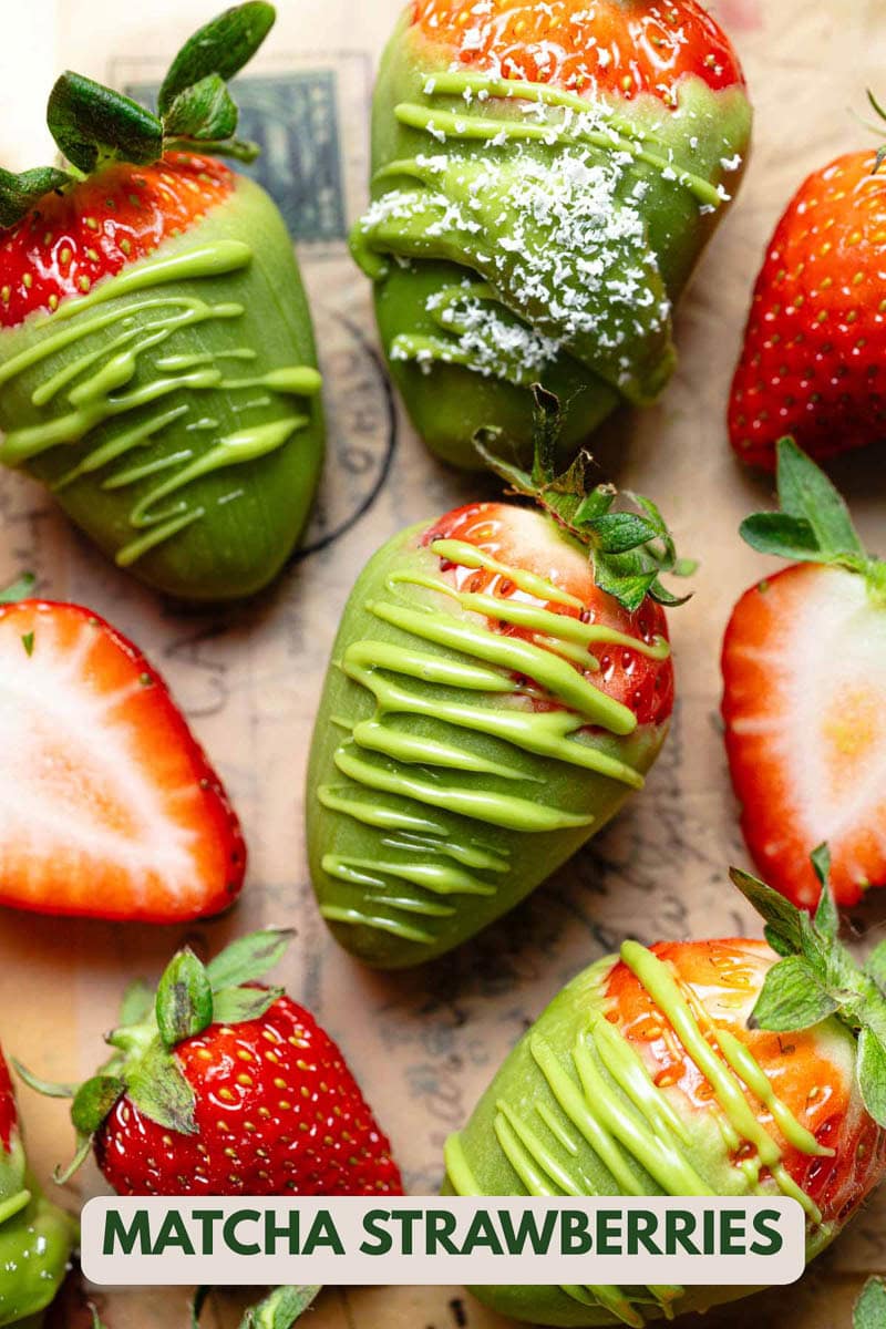 Strawberries topped with matcha white chocolate
